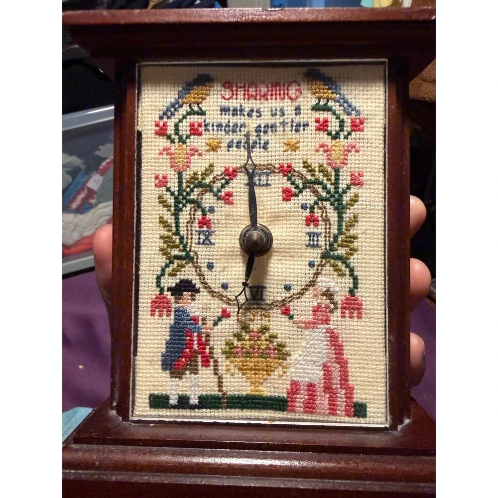 Vintage Wood Mantle Clock Cross Stitch FaceSharing KinderGentler People Folk Art